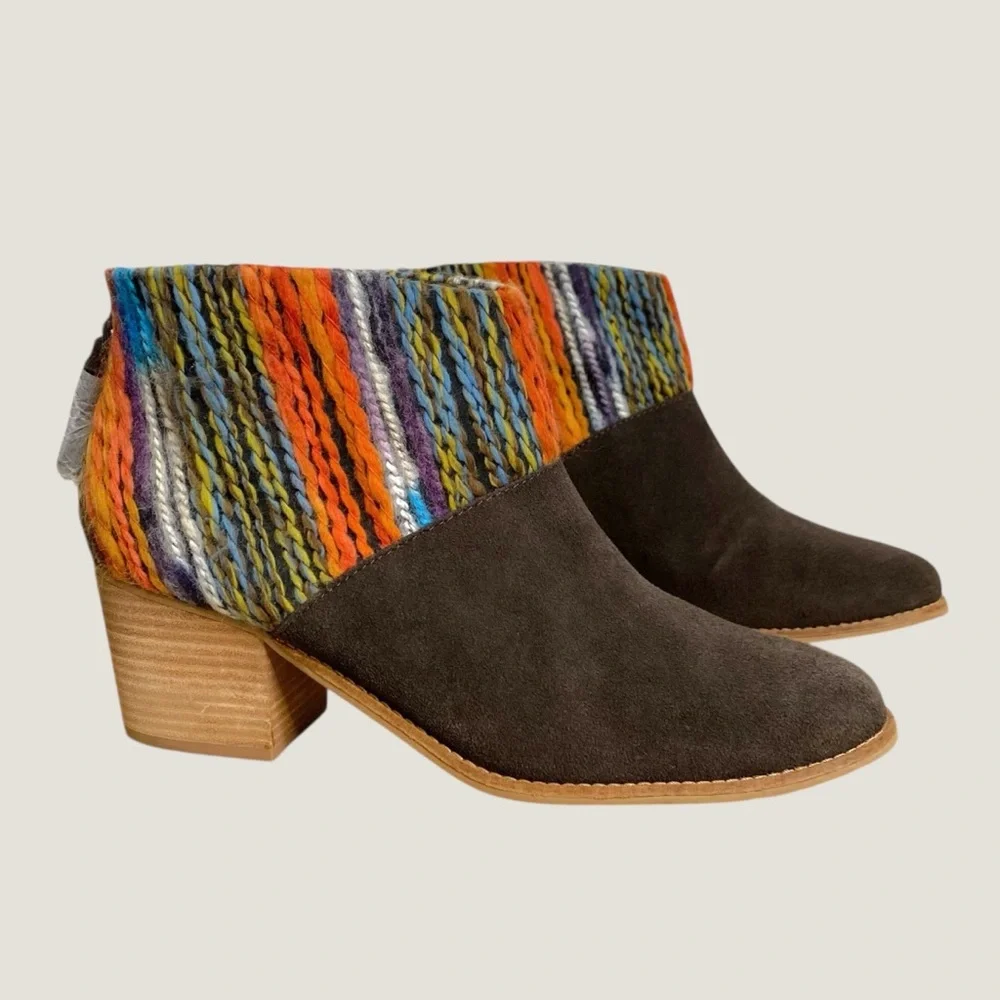 TOMS Blanket Aztec Stripe Leila Brown Suede Western Boho Bootie Women's 12 NEW - Picture 2 of 12